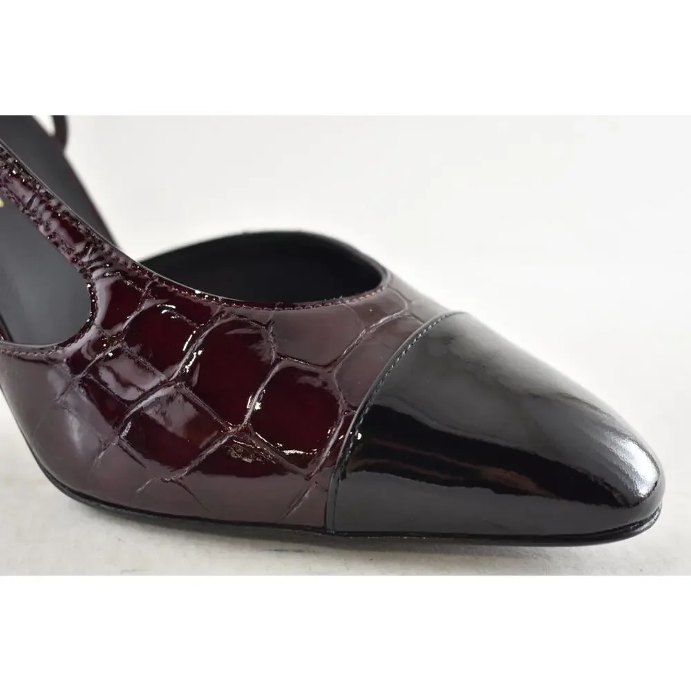 Chanel 26A Burgundy Black Crocodile Coco Sling Slingback Block Heel Pump 40c